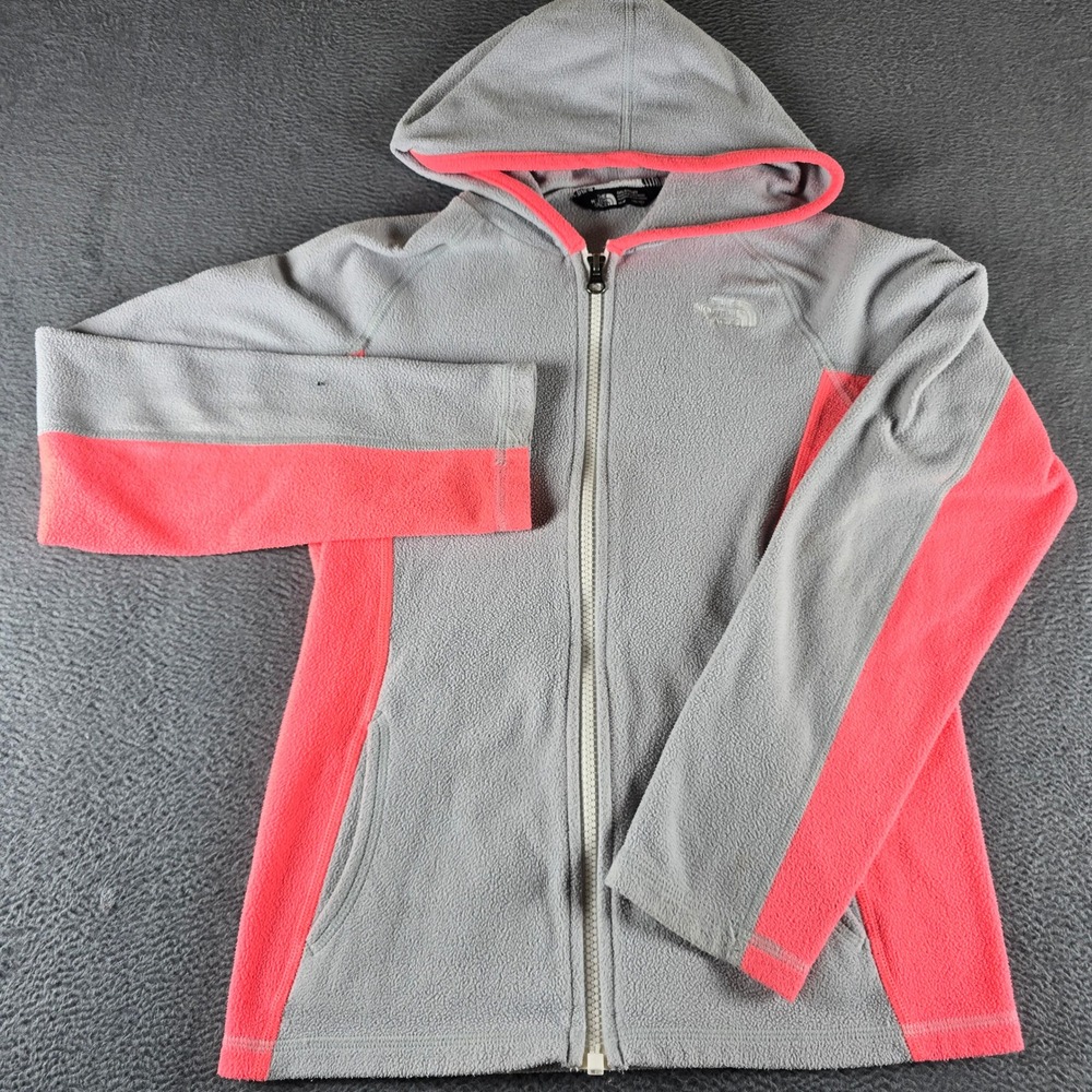 The North Face Girls Gray Coral Pink Full Zip Fleece Hoodie Size M 10/12